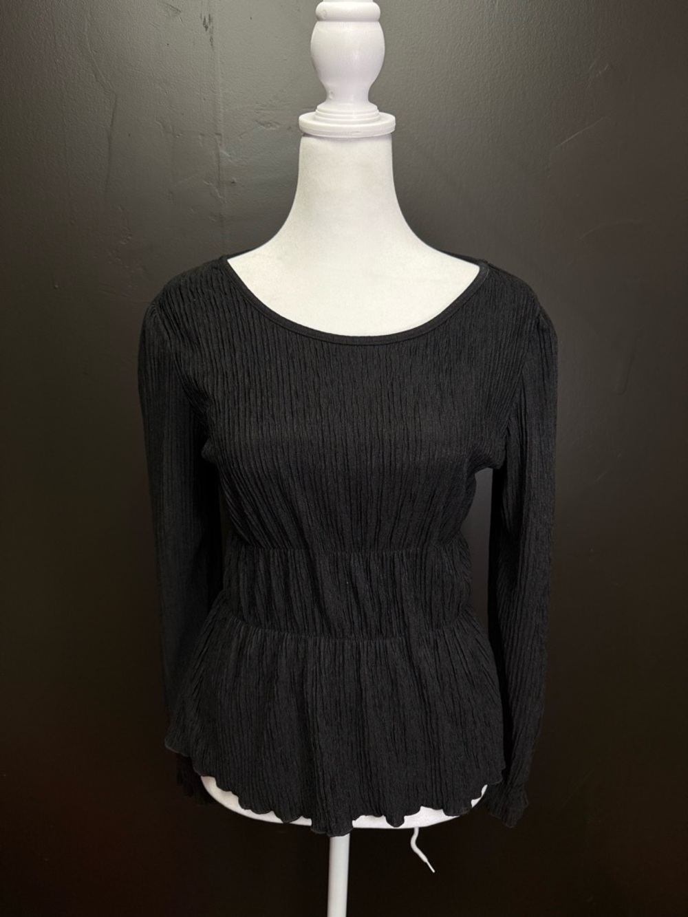 Black Long-Sleeve Textured Peplum Top